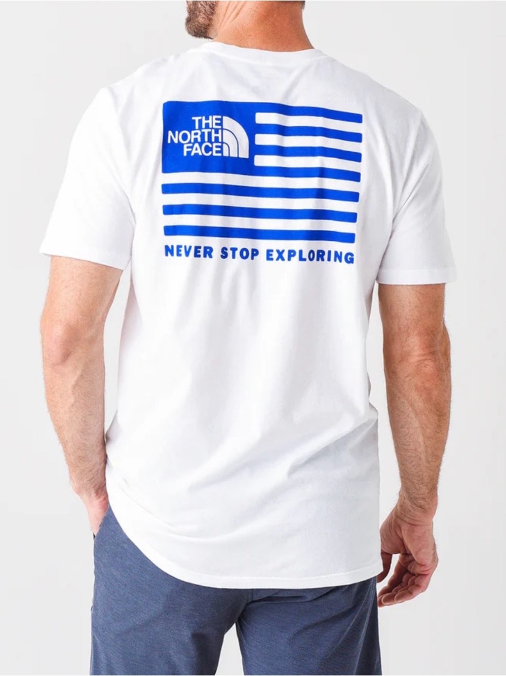 The North Face USA America Flag Box Blue White Tee Shirt-Mens Large